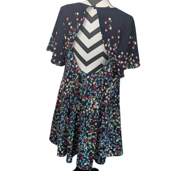 Uncle Frank Black Floral Mini Dress M Flutter Sleeve Keyhole Back Cottagecore - Picture 6 of 6